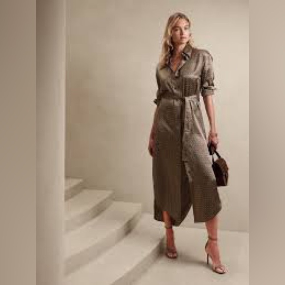 Banana Republic Muse Silk Maxi Shirt Dress Sz Small Geometric Print Long Sleeve - Picture 4 of 16